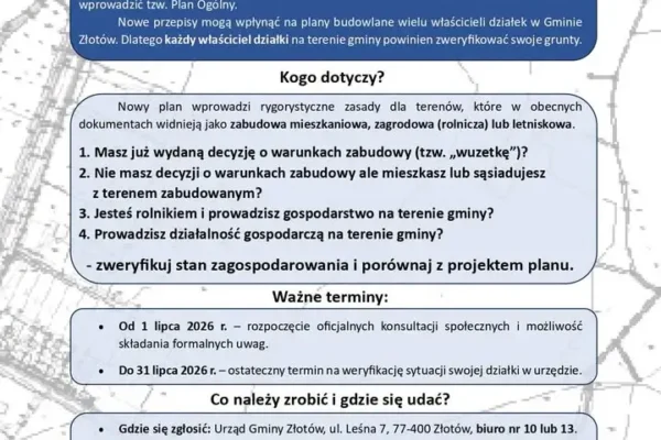 Gmina Złotów: Ważny komunikat dotyczący reformy planowania przestrzennego – sprawdź swoją działkę
