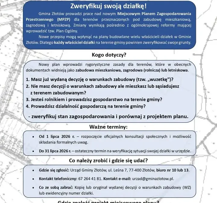 Gmina Złotów: Ważny komunikat dotyczący reformy planowania przestrzennego – sprawdź swoją działkę