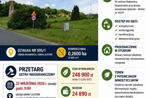 Gmina Złotów sprzedaje działkę inwestycyjną w Radawnicy – przetarg 23 września