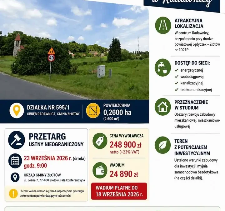 Gmina Złotów sprzedaje działkę inwestycyjną w Radawnicy – przetarg 23 września