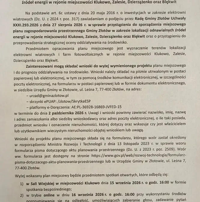 Spotkania otwarte w sprawie planu zagospodarowania Gminy Złotów