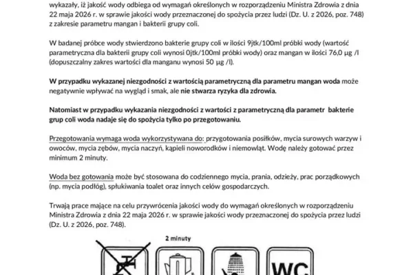 Uwaga mieszkańcy gminy Złotów! Woda z wodociągu Nowy Dwór niezdatna do picia bez przegotowania