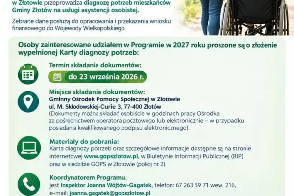 Gmina Złotów szacuje zapotrzebowanie na usługi asystenta osobistego. Nabór wniosków do 23 września