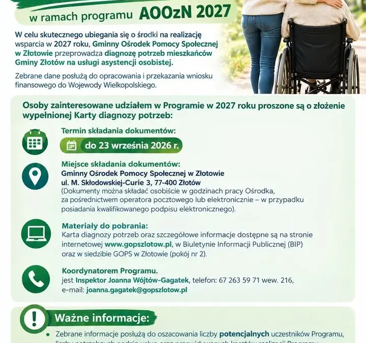 Gmina Złotów szacuje zapotrzebowanie na usługi asystenta osobistego. Nabór wniosków do 23 września