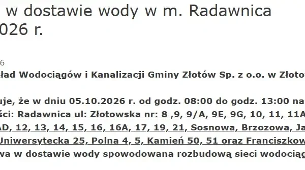 Przerwa w dostawie wody w Radawnicy i Franciszkowie – 5 października