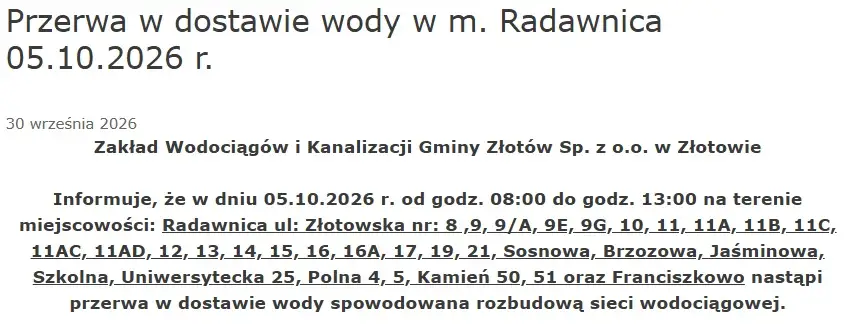 Przerwa w dostawie wody w Radawnicy i Franciszkowie – 5 października