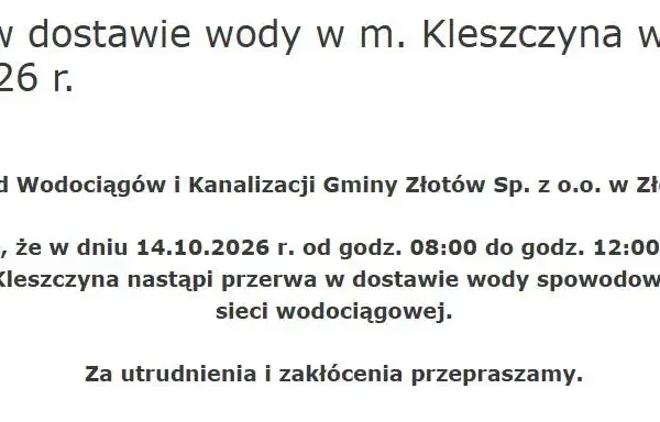 Kleszczyna bez wody 14 października – zaplanowana przerwa w dostawie