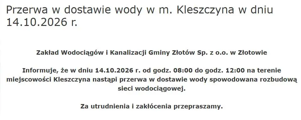 Kleszczyna bez wody 14 października – zaplanowana przerwa w dostawie